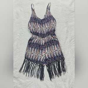 Navy Patterned Fringe Romper